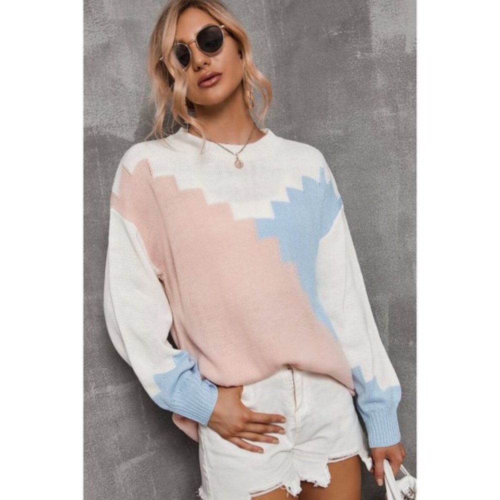 Color Block Dropped Shoulder Knit Pullover - Picture 3 of 12